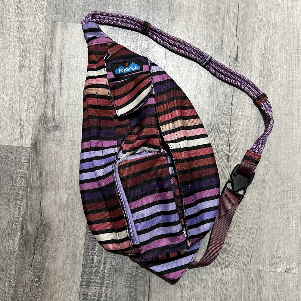 KAVU Crossbody Rope Sling Mini Purple Stripe Shoulder Bag Purse Adjustable Strap
